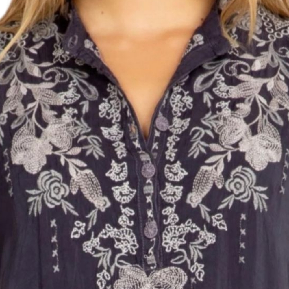 JOHNNY WAS Fletcher Embroidered Tunic Top Blue Grey Oversized Small - Picture 4 of 12